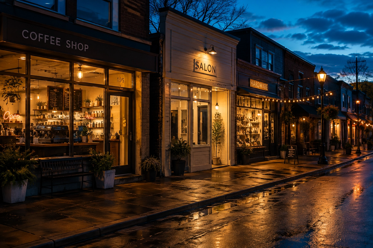 A local shopping street with storefronts lit up in the evening